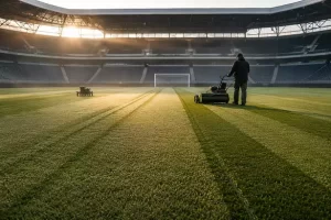 Cylinder-mower-and-aerator-grooming-a-hybrid-World-Cup-pitch-at-dawn-before-kickoff.